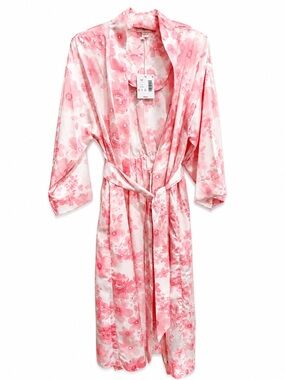 NWT Cabernet Peach Rose Pink Floral Satin Robe, 3/4 Sleeve Kimono Style Small